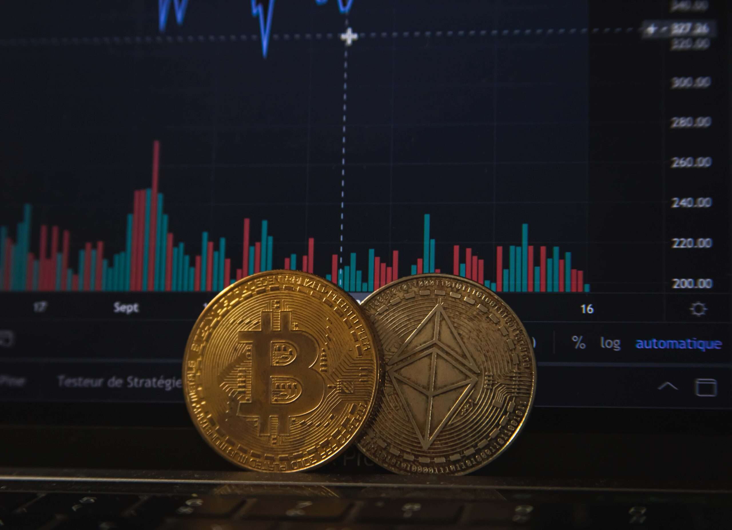 Image of gold coins and bitcoin price index chart - cost basis crypto