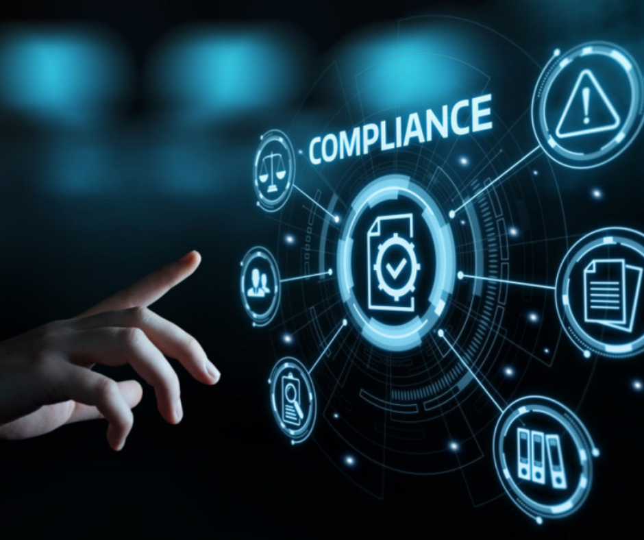 Person pointing to accounting controls and compliance hologram.