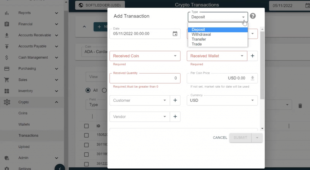 transaction screen when accounting for crypto assets in SoftLedger