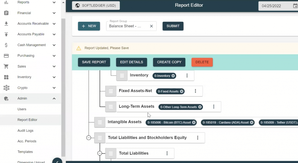 In this image you can see the report editor in SoftLedger