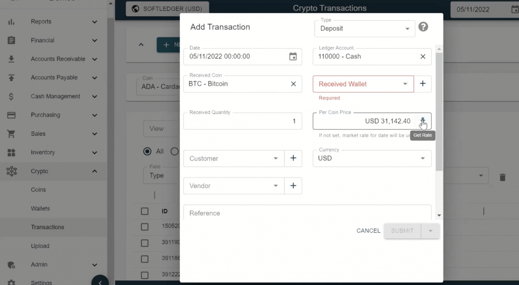 When accounting for crypto assets in SoftLedger you can automatically pull the latest market rate by clicking the per coin price download button