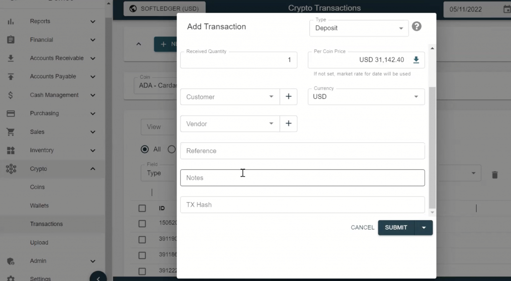 When accounting for crypto assets in SoftLedger you can even add notes to the transaction