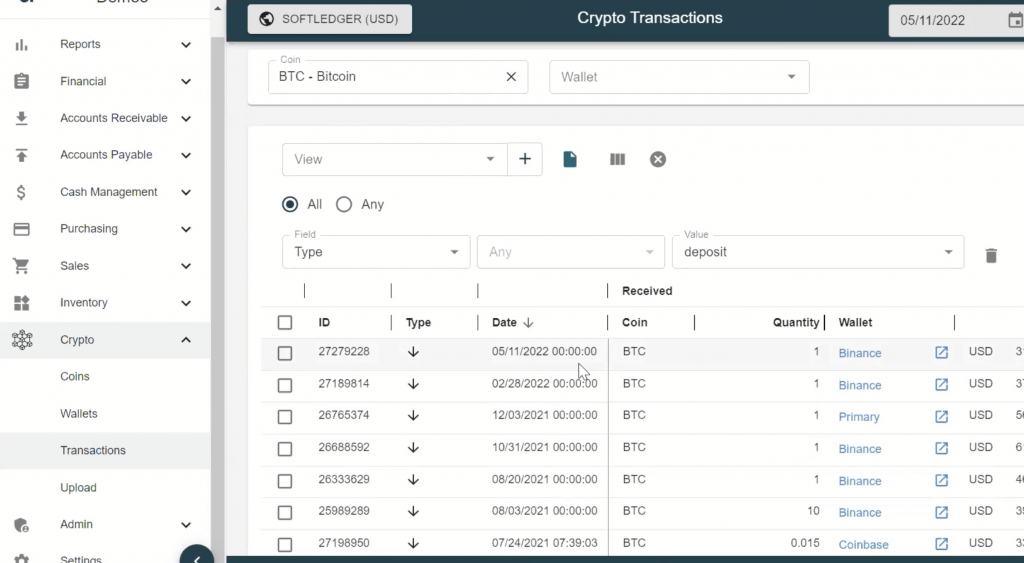 In this image you can see that the latest deposit has already been added to the crypto transactions module