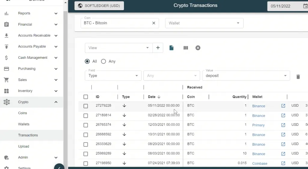 The crypto transactions module now shows this latest deposit that was just added
