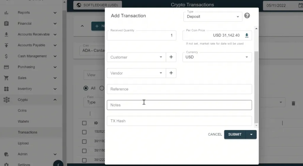 Step 5 when accounting for intangible assets in SoftLedger - select your wallet, add any necessary notes, and hit submit