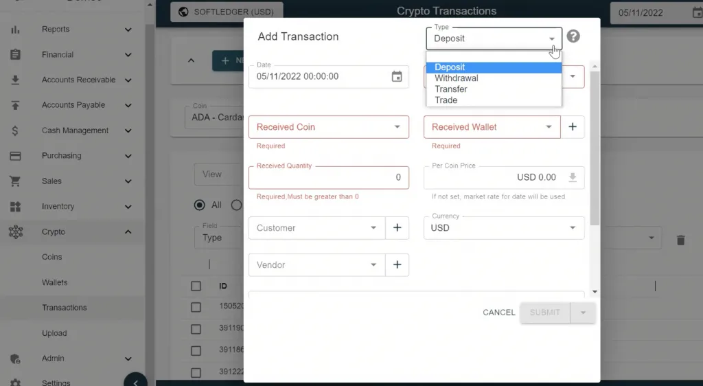 Step 1 when accounting for intangible assets in SoftLedger - create a new a new transaction and select deposit from the dropdown