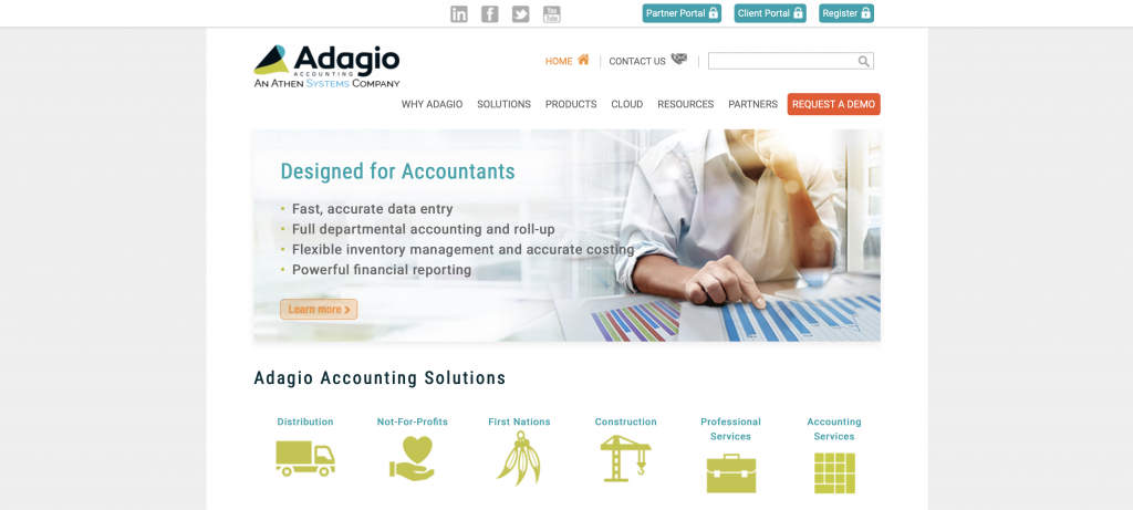 Adagio home page, an accounting software for CPA firms