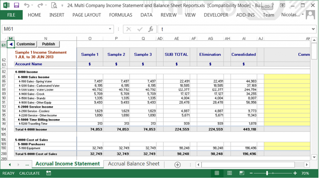 This image shows an example of a Consolidated Financial Statement in Excel.