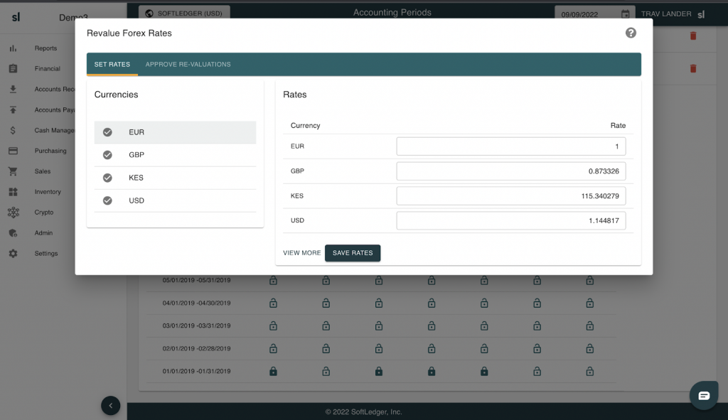 In this image users can revalue forex rates and set location reporting currency