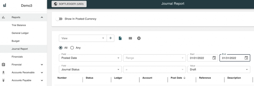 Journal report module in SoftLedger