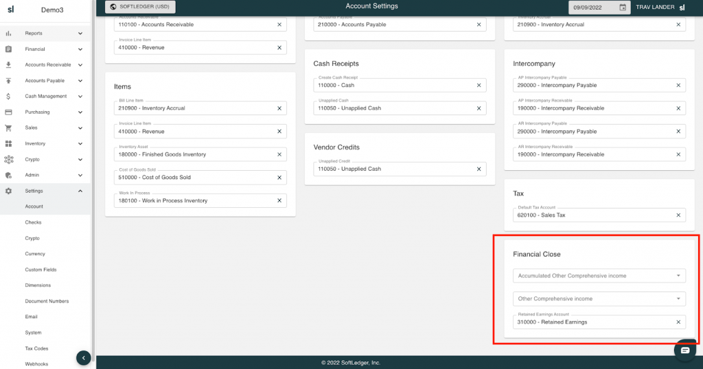 Account settings module in SoftLedger when completing your month-end close process
