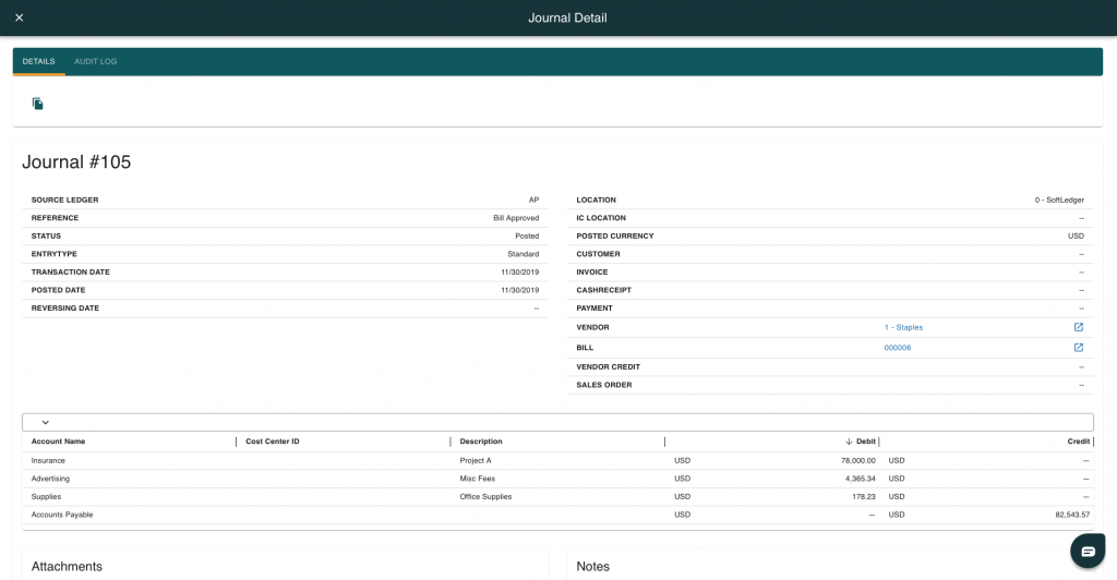 Xero alternative - SoftLedger Journal Detail Page